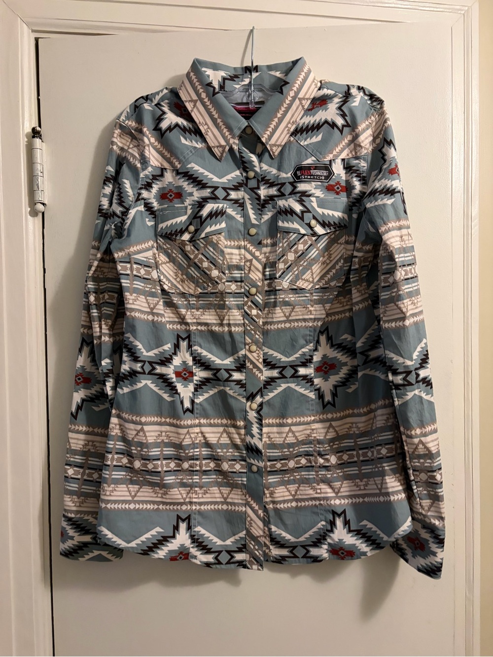 Rock & Roll Denim Long Sleeve Aztec Pearl Snap Button Down Western Shirt Medium